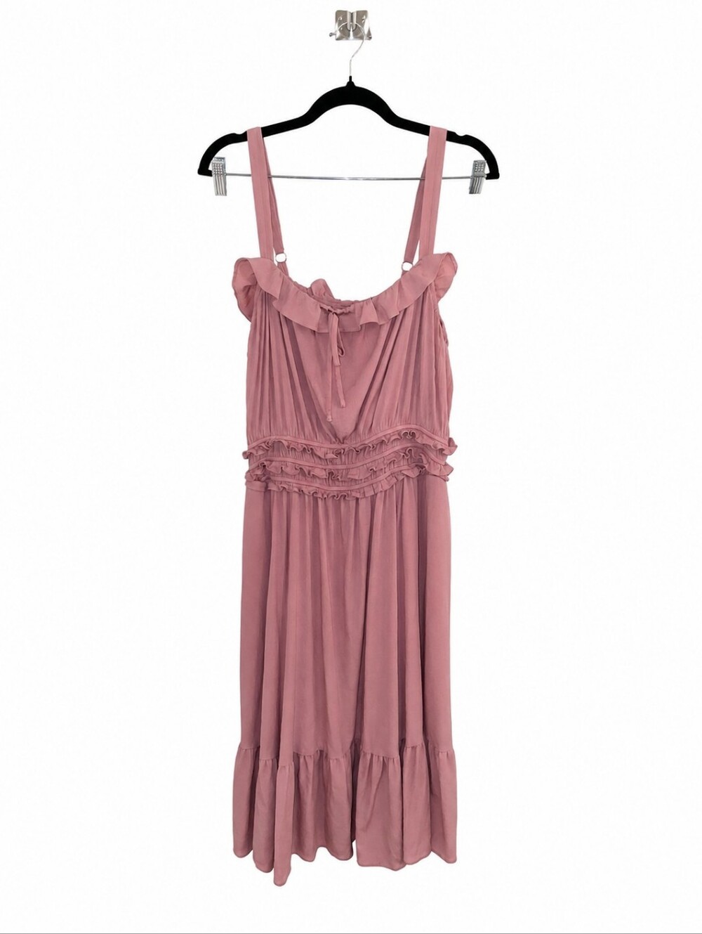 Dusty Rose Ruffle Midi Dress Adjustable Straps Tiered Boho Cottagecore Women's
